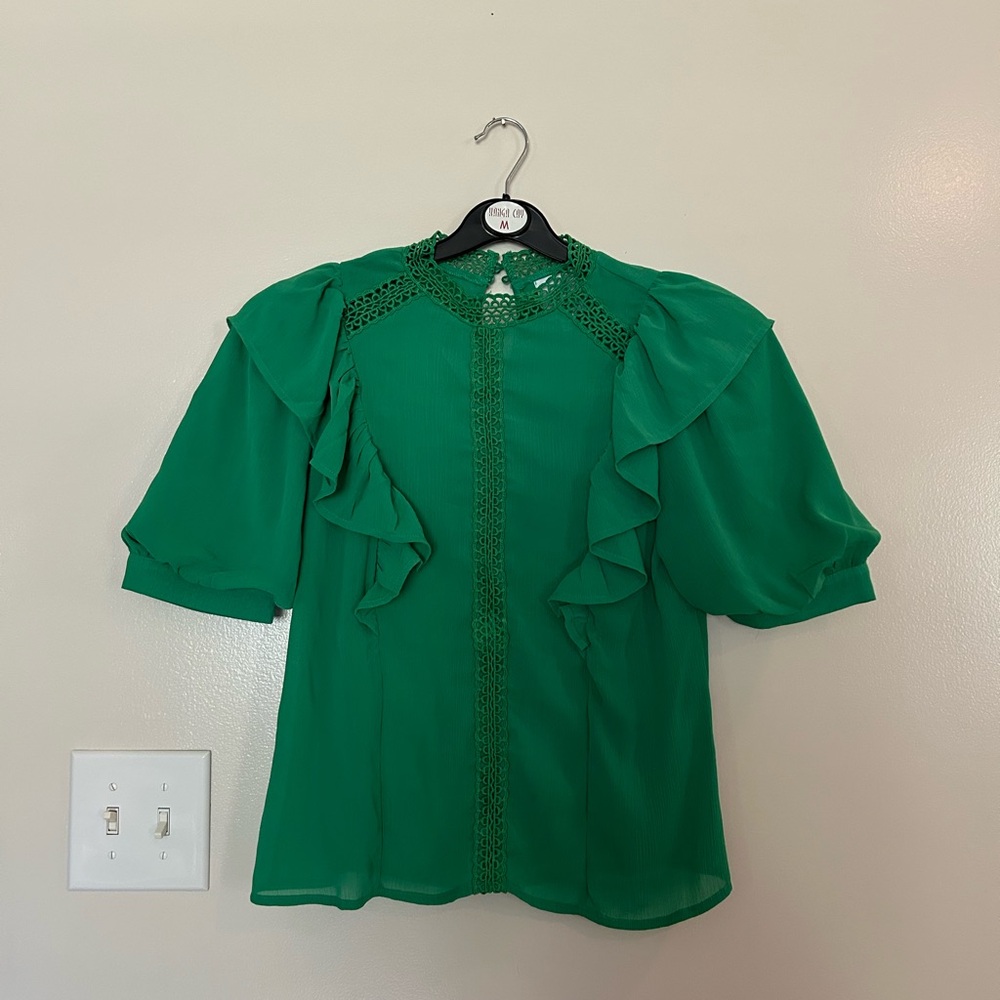 Green Ruffle-Trim Lace Yoke Blouse
